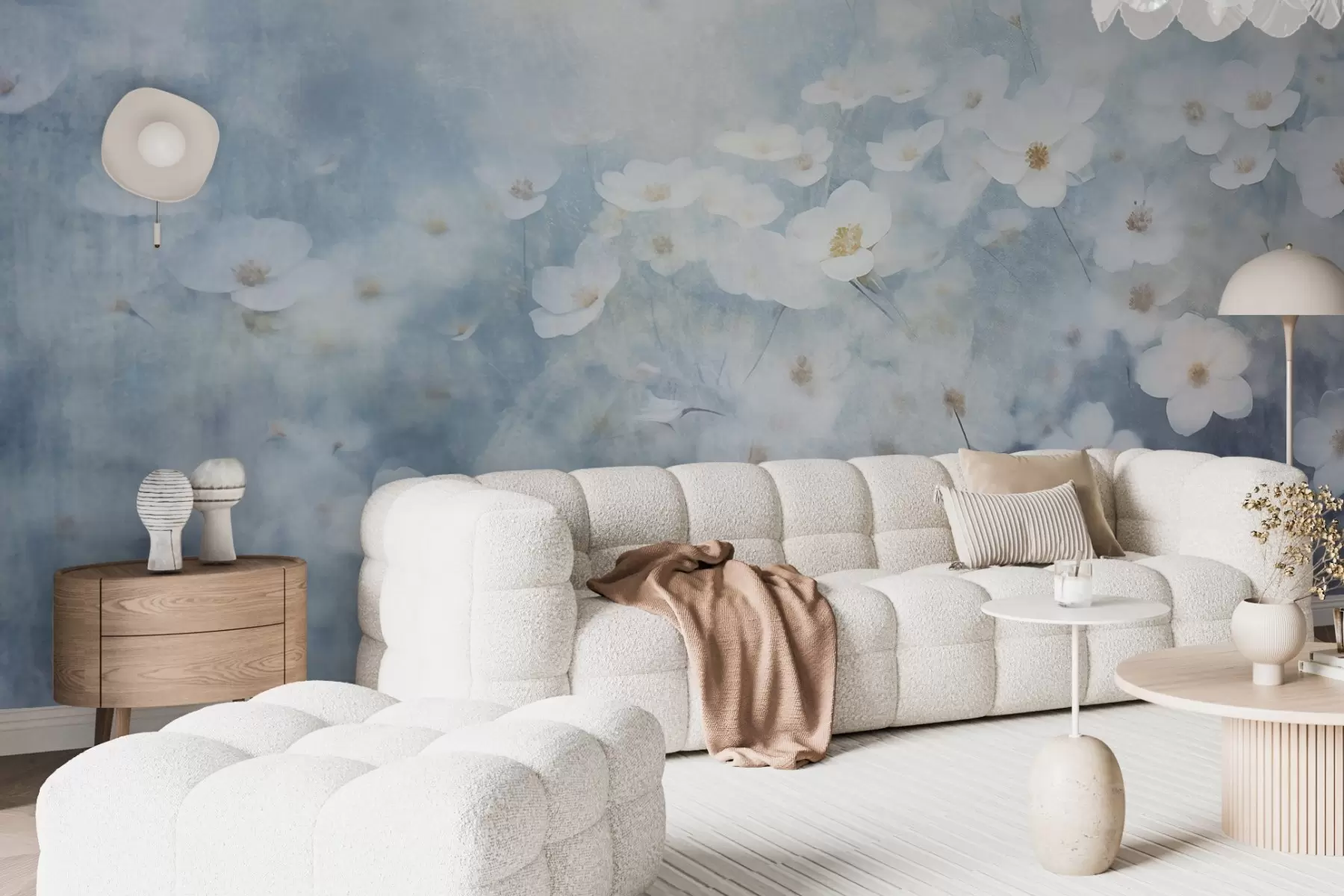 Fototapete Strukturiertes Feld von weißen Anemonenblüten, Weichzeichner, verträumte Atmosphäre, hellblaue und weiße Farbpalette, Frühlingswiese w09134