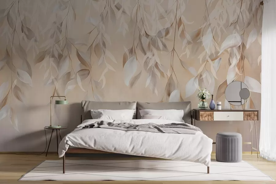 Fototapete Hängende strukturierte weiße und beige Blätter mit einer weichen Farbpalette, Pfirsich, grau und weiß zarten Hintergrund w09136