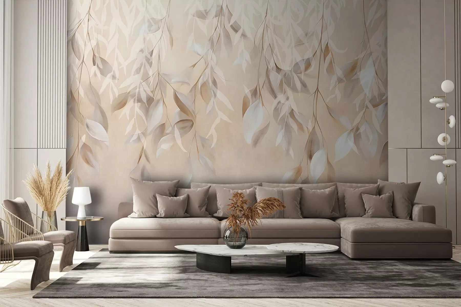 Fototapete Hängende strukturierte weiße und beige Blätter mit einer weichen Farbpalette, Pfirsich, grau und weiß zarten Hintergrund w09136