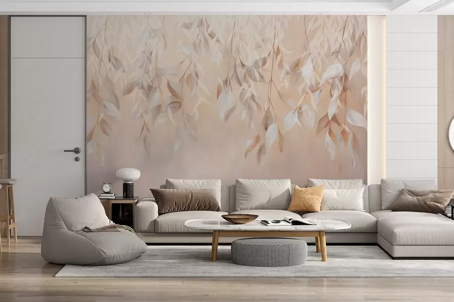 Fototapete Hängende strukturierte weiße und beige Blätter mit einer weichen Farbpalette, Pfirsich, grau und weiß zarten Hintergrund w09136