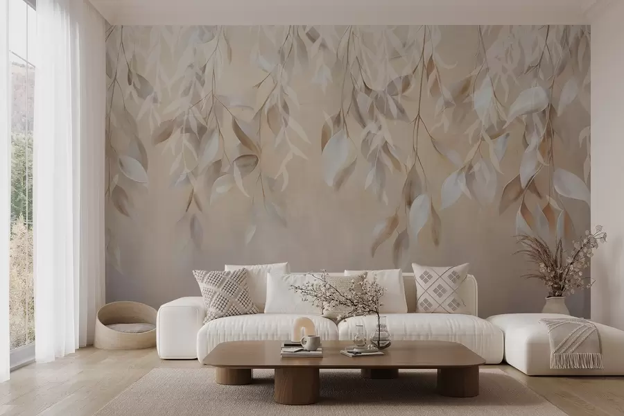 Fototapete Hängende strukturierte weiße und beige Blätter mit einer weichen Farbpalette, Pfirsich, grau und weiß zarten Hintergrund w09136