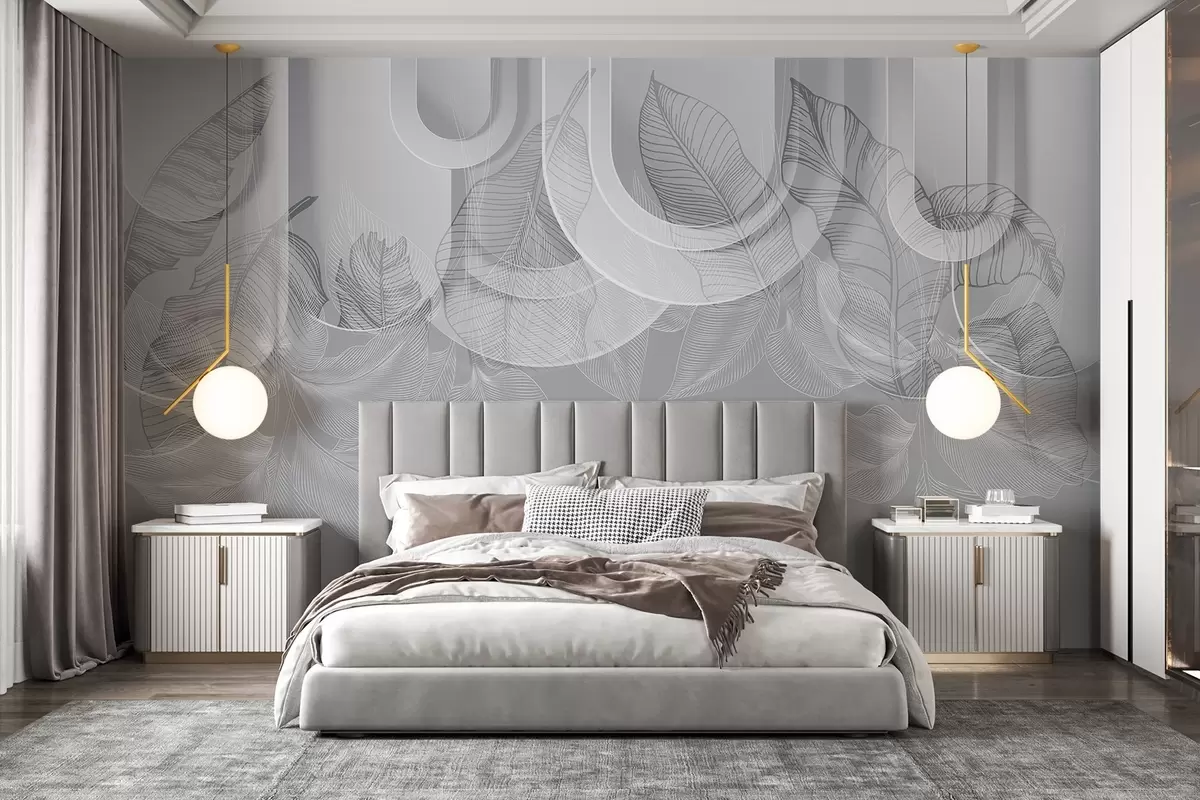Fototapete Abstrakter Hintergrund mit grauen Bögen und weißen tropischen Blättern, minimalistisches Design, elegant und modern, neutrale Farbpalette w09138