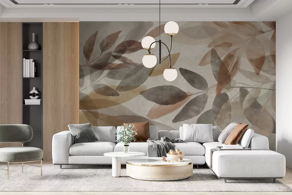 Fototapete Abstrakte strukturierte Blätter in gedämpften Braun-, Beige- und Grautönen, transparente Formen, minimalistischer Stil, organische Formen w09140