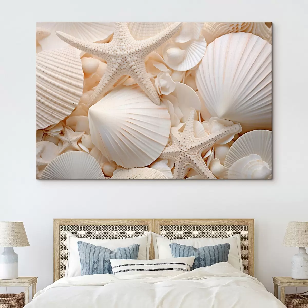Wandbilder Dekorative weiße Muscheln und Seesterne, die eine strukturierte monochromatische Komposition bilden s44392