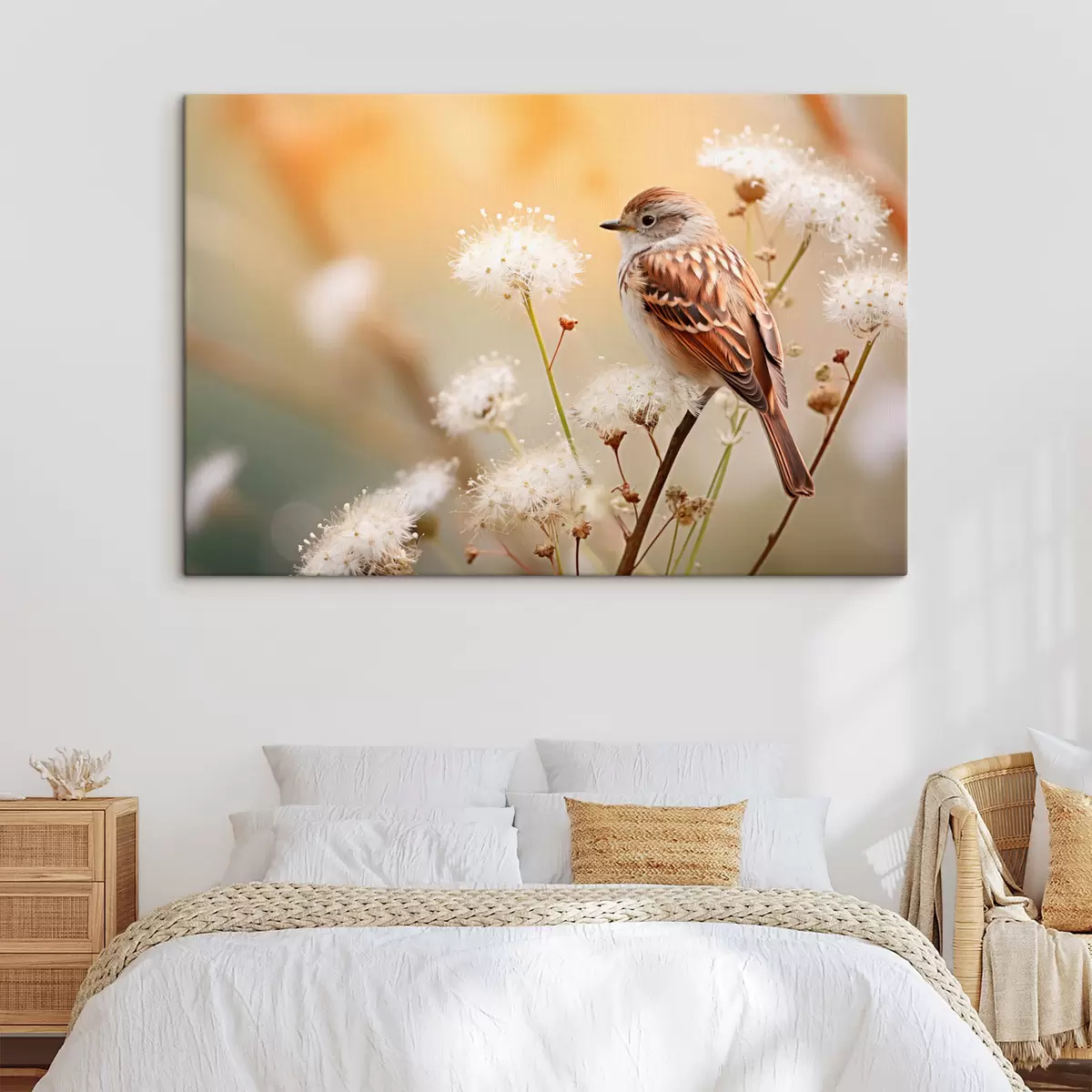 Wandbilder Ein Vogel sitzt auf einem Zweig mit weißen Blumen, Weichzeichner, Natur Hintergrund s44393