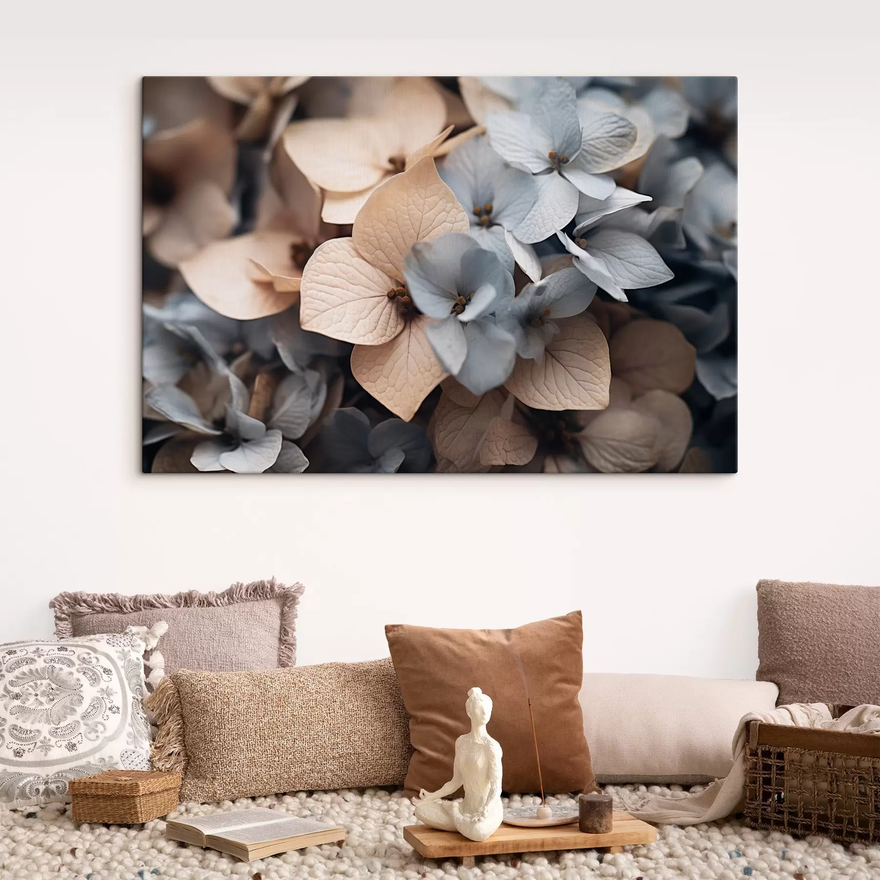 Fototapete Hortensienblüten, hellblaue und beige Blütenblätter, mit detaillierten Texturen, elegantes Blumenarrangement s44394