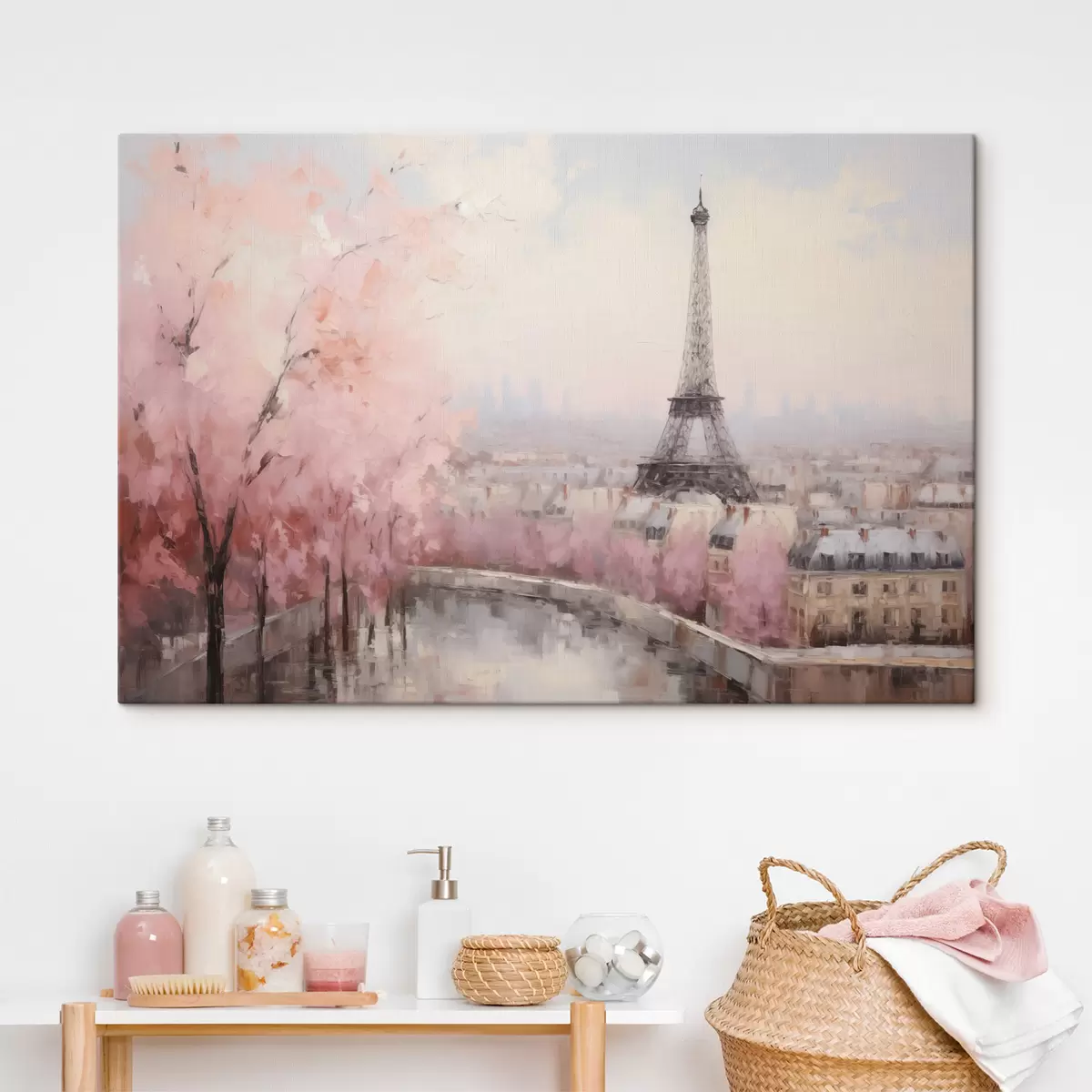 Wandbilder Eiffelturm in Paris mit Kirschblütenbäumen im Frühling, sanfte Pastellfarben s44398