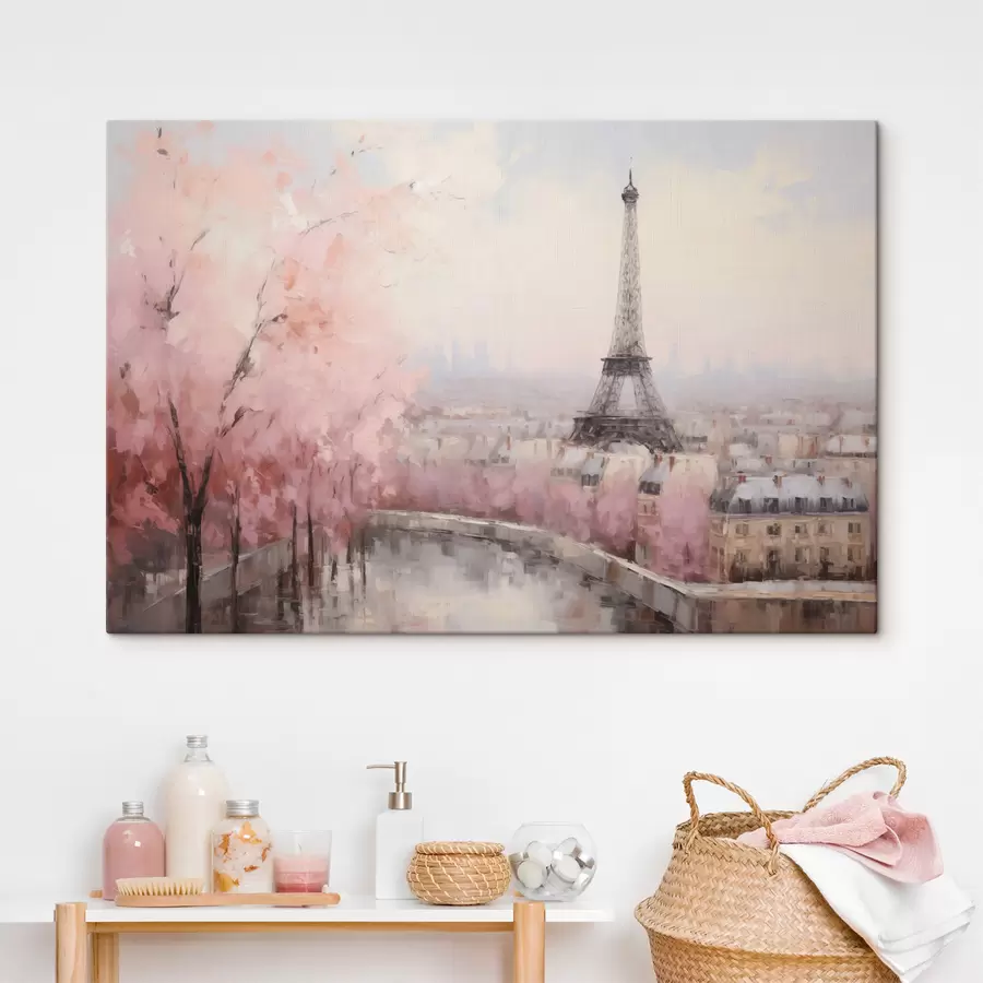 Wandbilder Eiffelturm in Paris mit Kirschblütenbäumen im Frühling, sanfte Pastellfarben s44398
