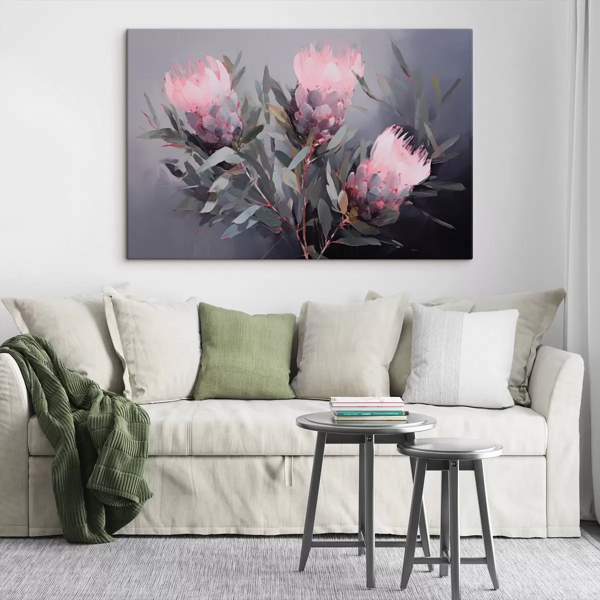 Wandbilder Rosa Protea Blumen mit grünen Blättern, weiche Pinselstriche, dunkle Farben, elegante Komposition s44400