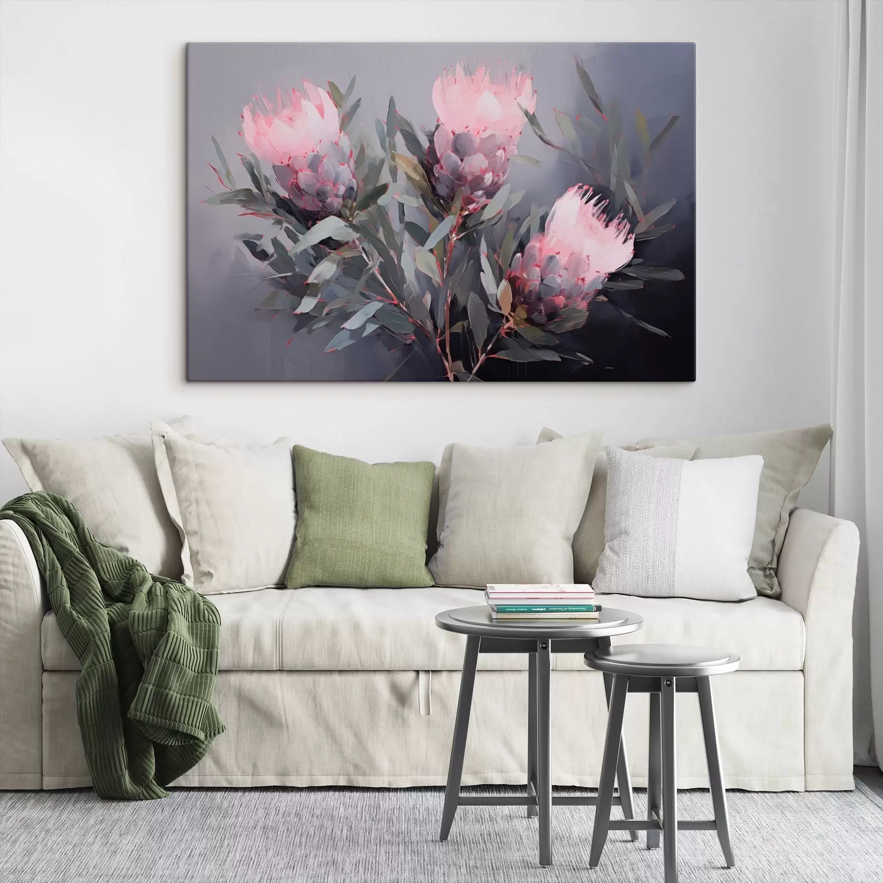 Wandbilder Rosa Protea Blumen mit grünen Blättern, weiche Pinselstriche, dunkle Farben, elegante Komposition s44400