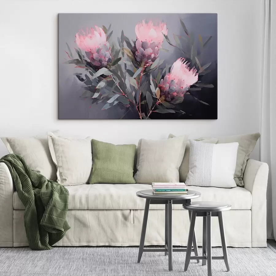 Wandbilder Rosa Protea Blumen mit grünen Blättern, weiche Pinselstriche, dunkle Farben, elegante Komposition s44400