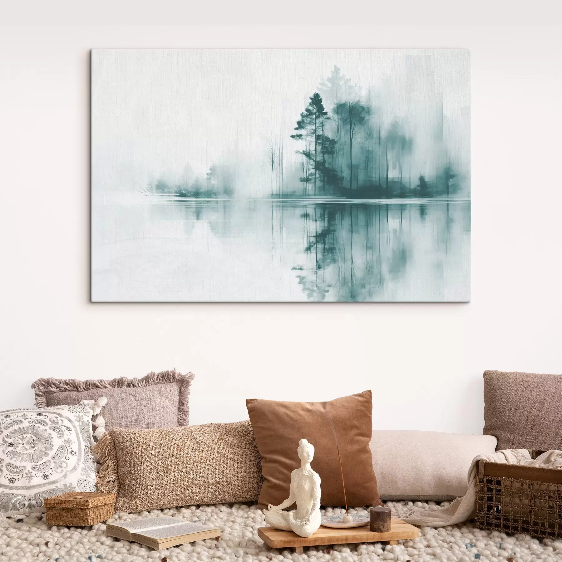 Wandbilder Abstrakter Wald mit hohen Bäumen, die sich im Wasser spiegeln, gedeckte Farbpalette s44403
