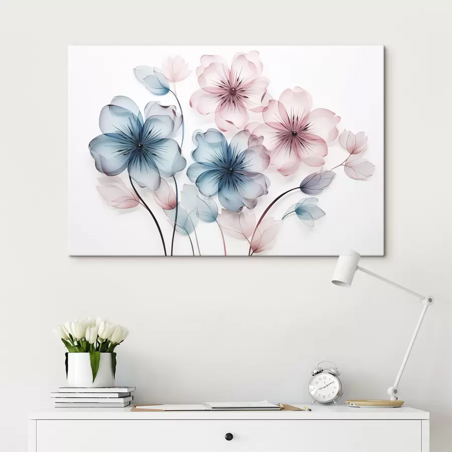 Wandbilder Transluzente, gedämpfte rosa und blaue Blüten mit sichtbaren Staubgefäßen und Stielen s44405