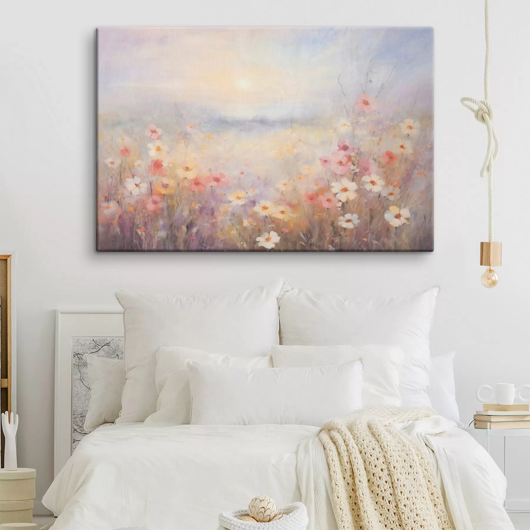 Wandbilder Strukturierte sonnige Landschaft eines Blumenfeldes, weiche Pastellfarben, verträumte Atmosphäre s44408