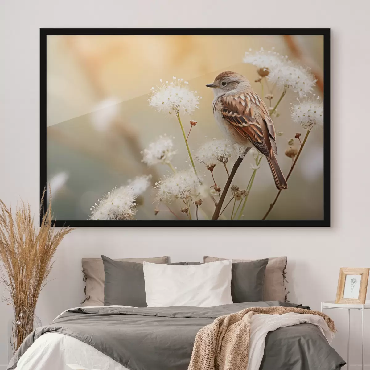 Poster Ein Vogel sitzt auf einem Zweig mit weißen Blumen, Weichzeichner, Natur Hintergrund f44393