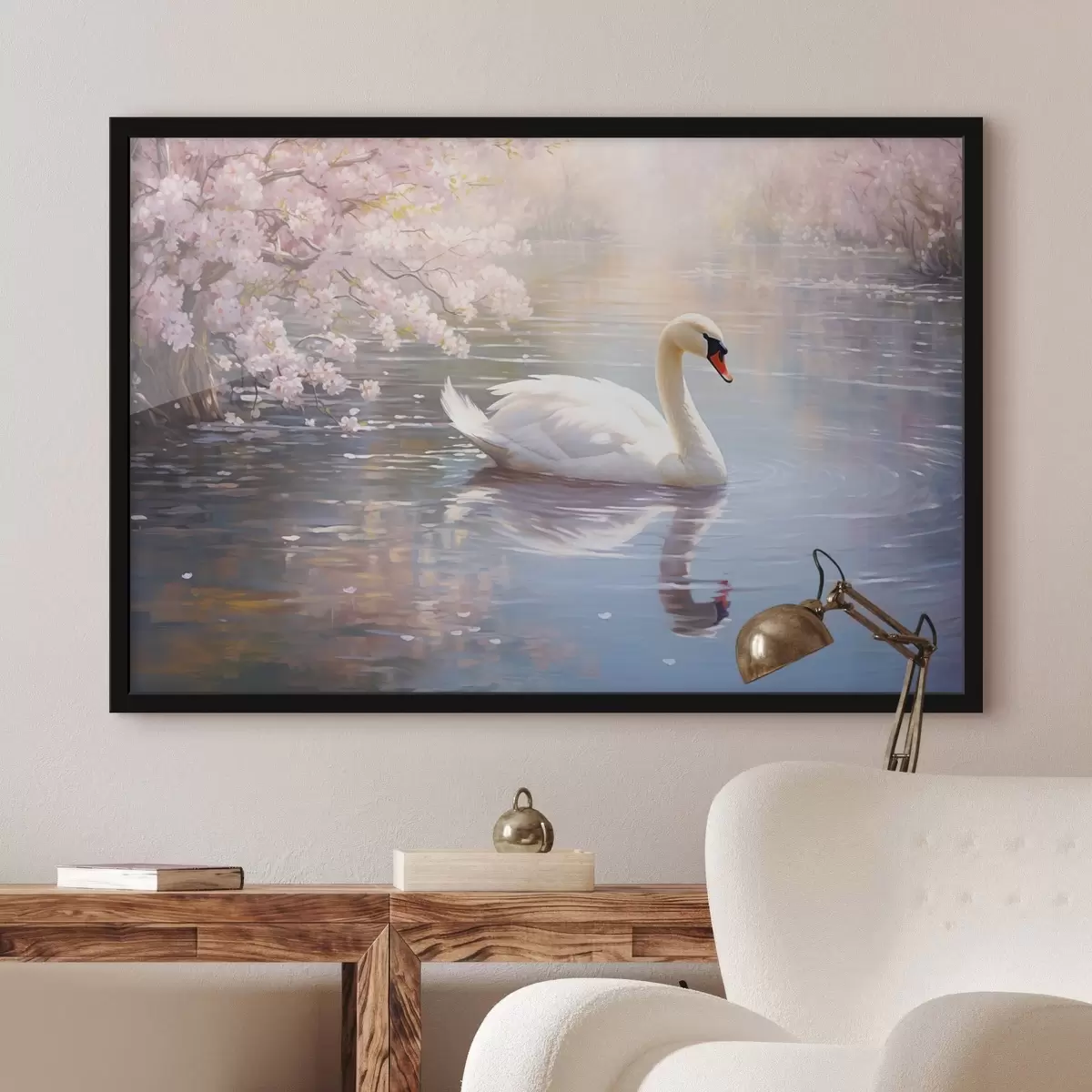 Poster Ein weißer Schwan schwimmt in einem See mit Kirschblütenbäumen, Pastellfarben f44396