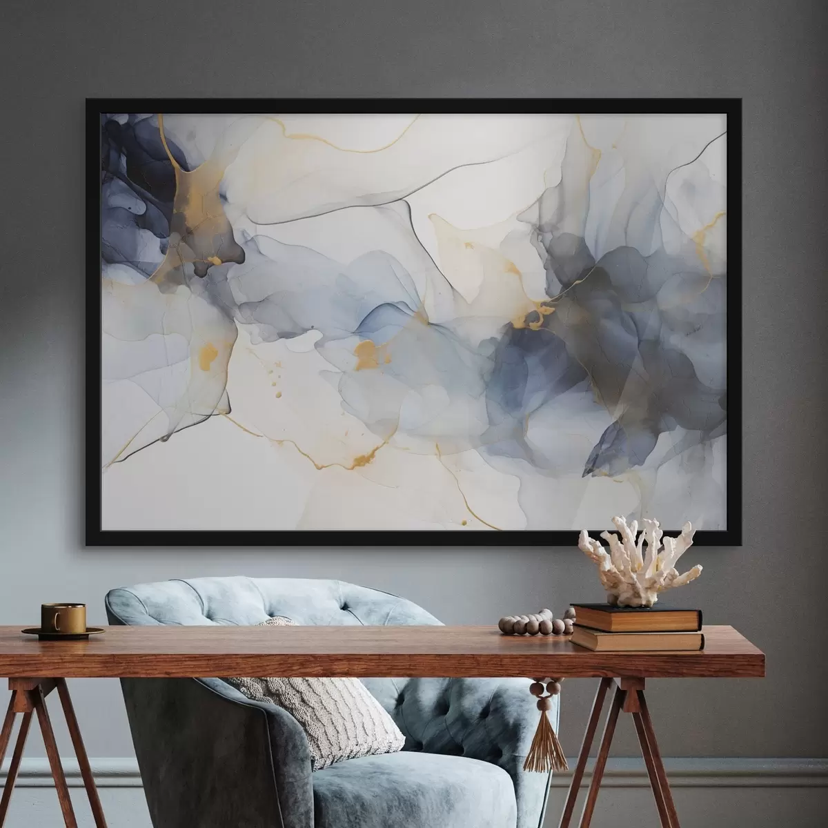 Poster Abstrakte Malerei mit blauer Tinte, fließende und organische Formen, zarte Texturen auf weißem Hintergrund f44397