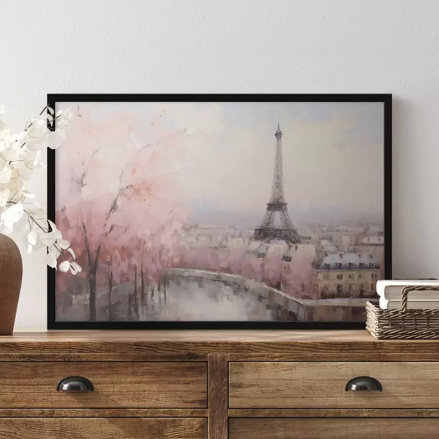 Fototapete Eiffelturm in Paris mit Kirschblütenbäumen im Frühling, sanfte Pastellfarben f44398