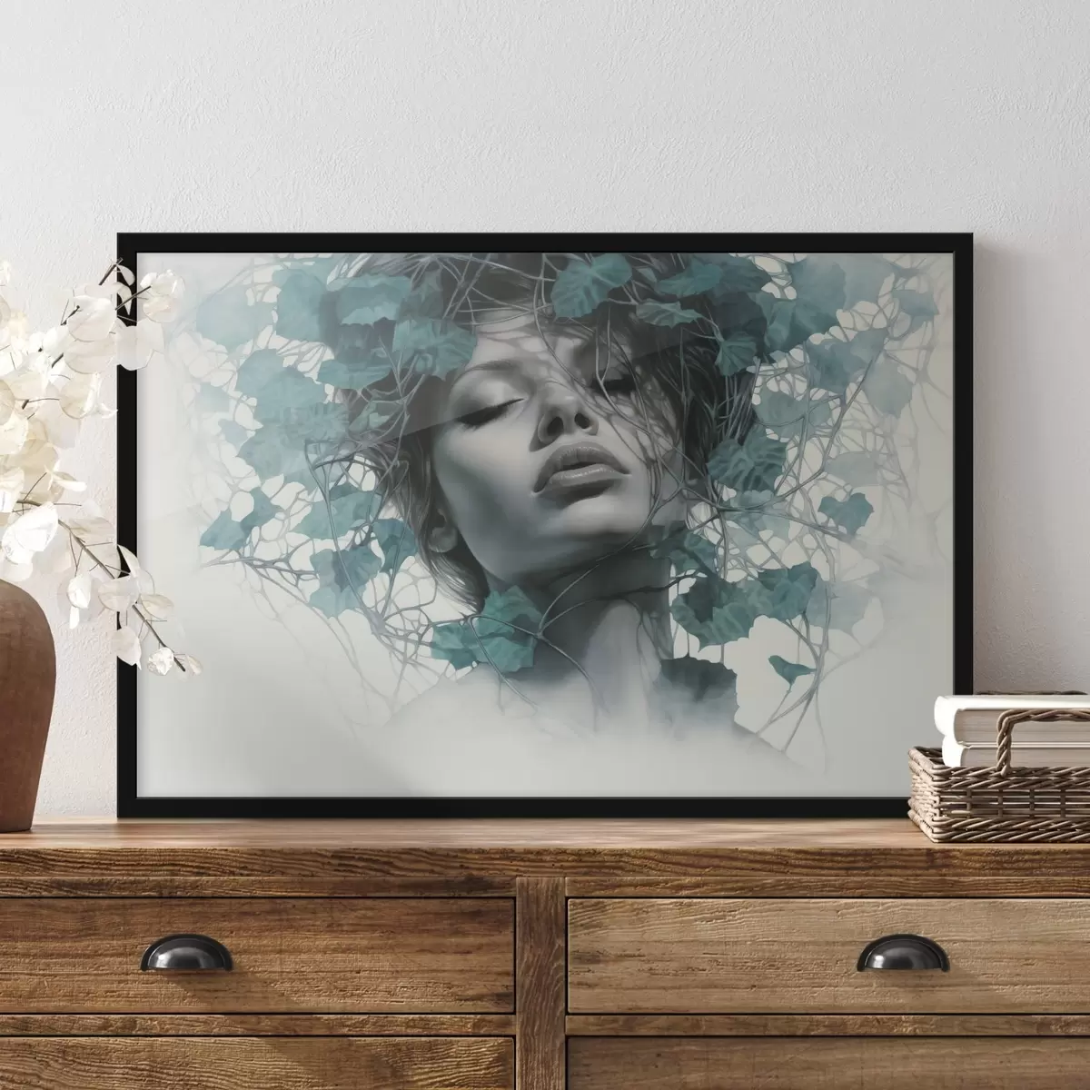 Poster Porträt einer Frau mit geschlossenen Augen, umgeben von grünen Blättern und Zweigen f44399