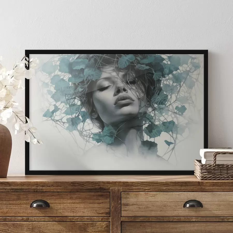 Fototapete Porträt einer Frau mit geschlossenen Augen, umgeben von grünen Blättern und Zweigen f44399