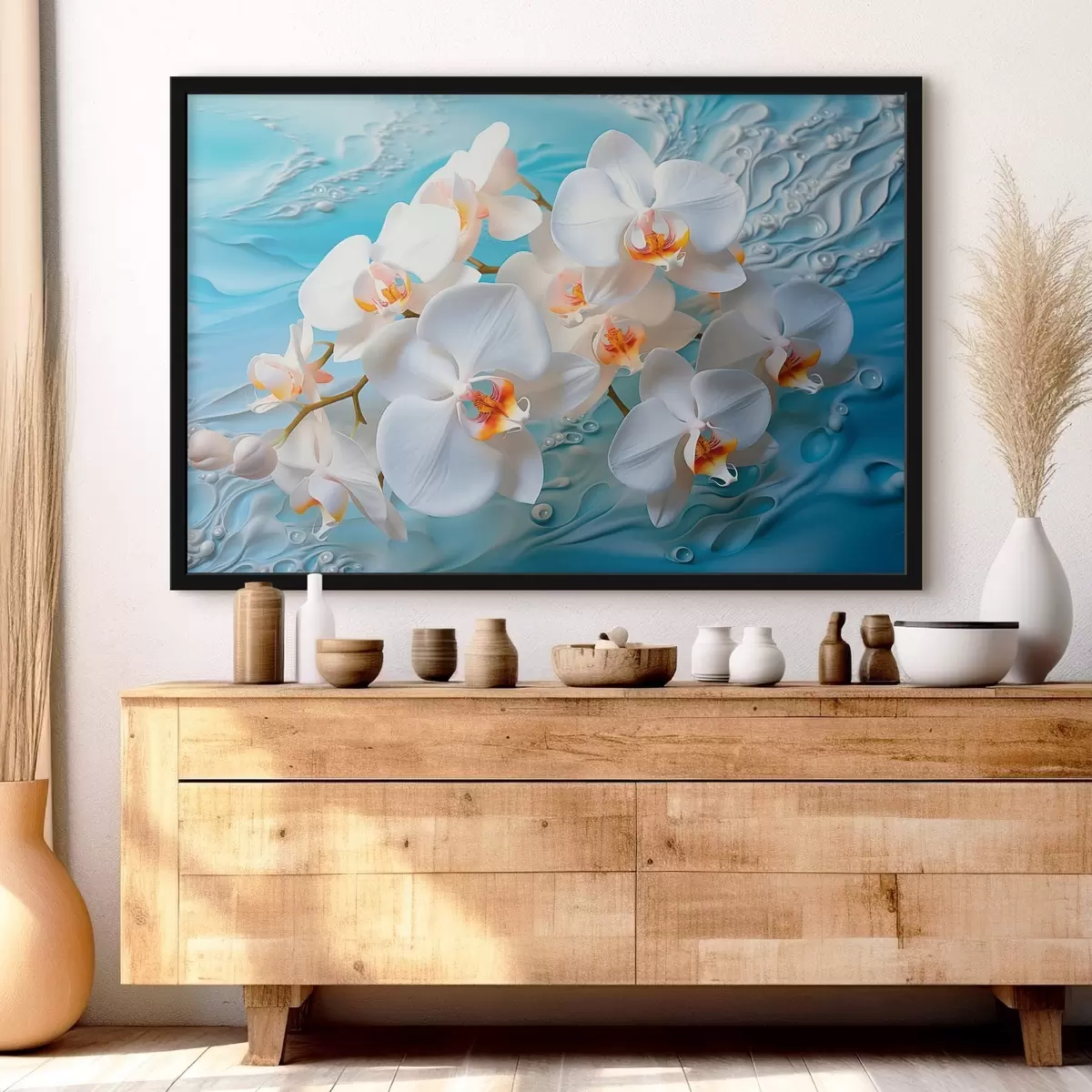 Poster Weiße Orchideen, angeordnet auf einer hellblauen Fläche mit Wassertropfen, sanfte Beleuchtung f44401