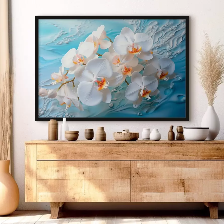 Fototapete Weiße Orchideen, angeordnet auf einer hellblauen Fläche mit Wassertropfen, sanfte Beleuchtung f44401