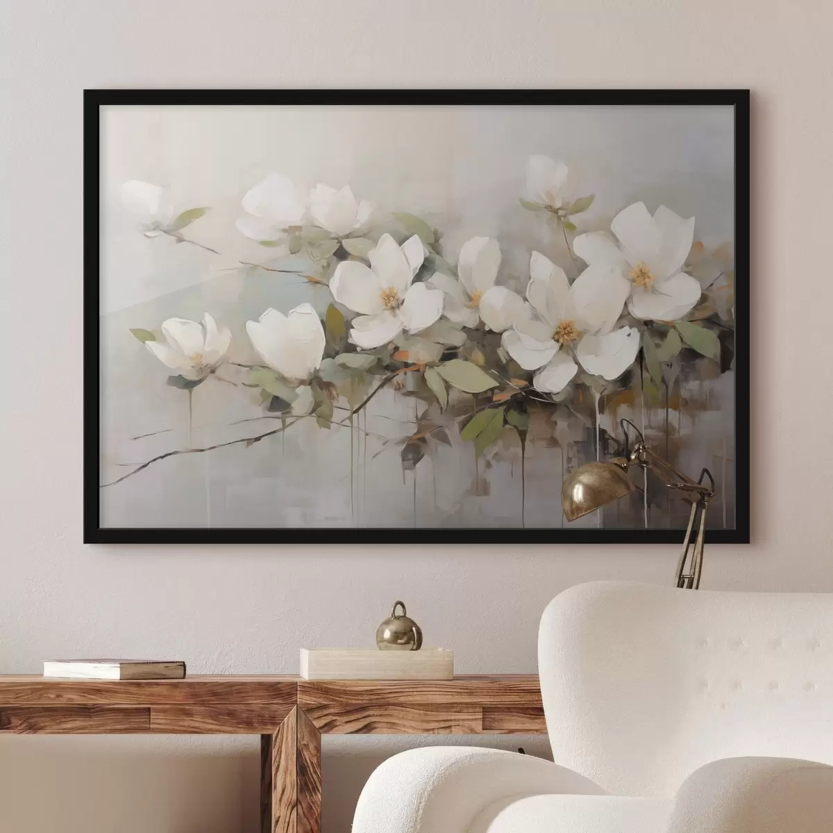 Poster Weiße Magnolienblüten mit grünen Blättern auf einem Zweig, weiche Pinselstriche, gedeckte Farben f44404