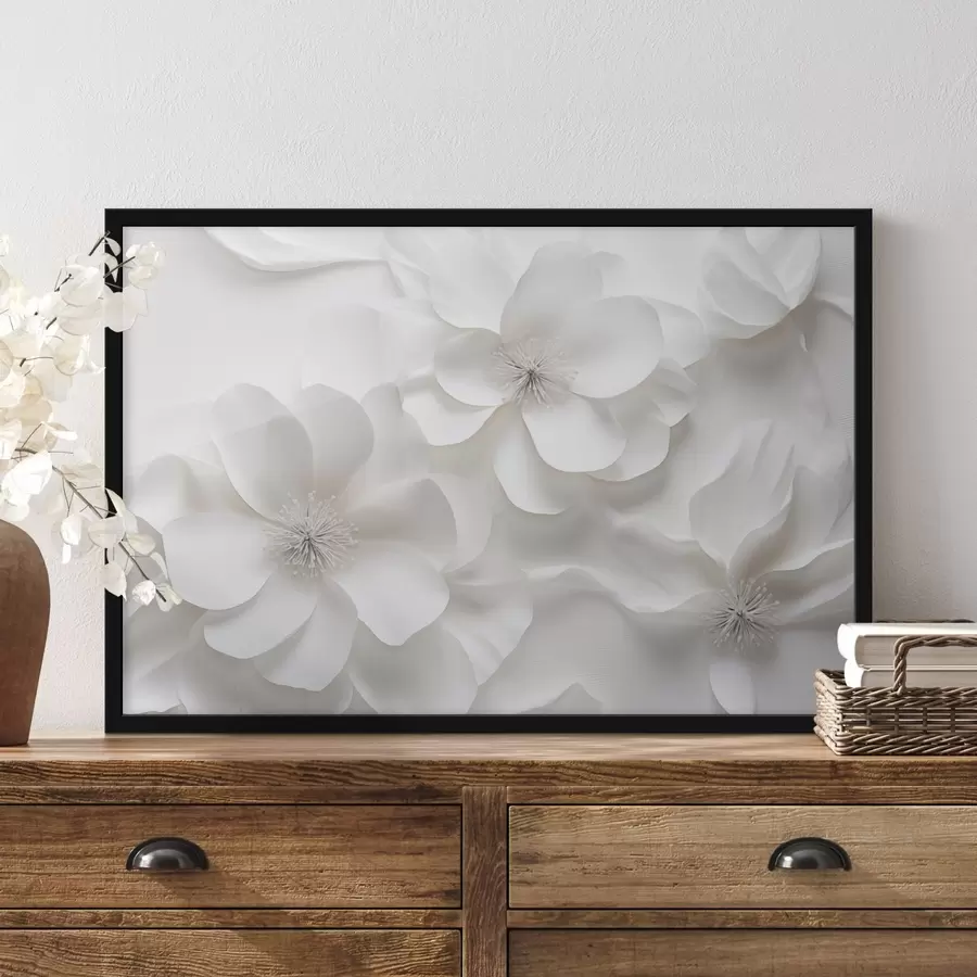 Fototapete Weiße Zierblumen mit zarten Blütenblättern und verschlungenen Staubgefäßen f44406