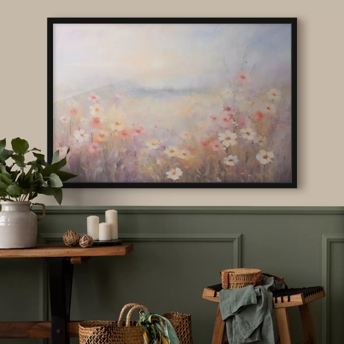 Poster Strukturierte sonnige Landschaft eines Blumenfeldes, weiche Pastellfarben, verträumte Atmosphäre f44408