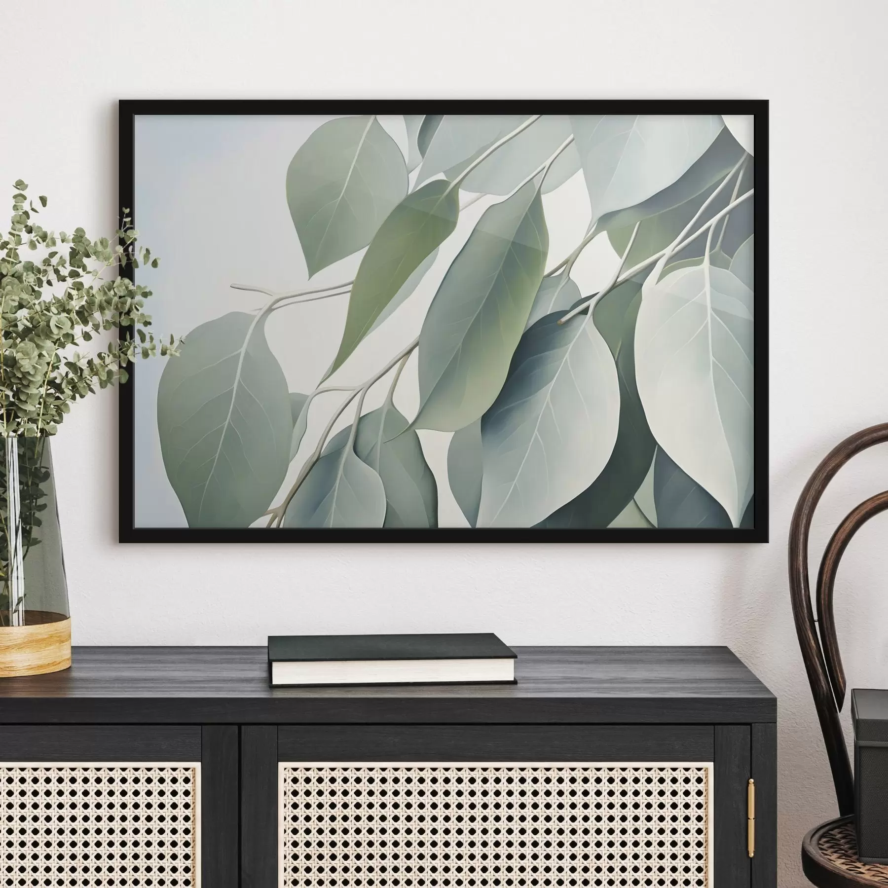 Wandbilder Eukalyptusblätter mit einer weichen, gedeckten Farbpalette, einer beruhigenden und natürlichen Ästhetik f44410