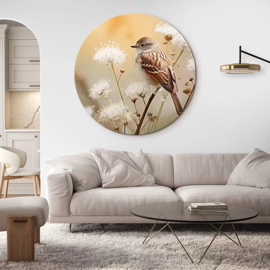 Wandbilder Ein Vogel sitzt auf einem Zweig mit weißen Blumen, Weichzeichner, Natur Hintergrund r44393