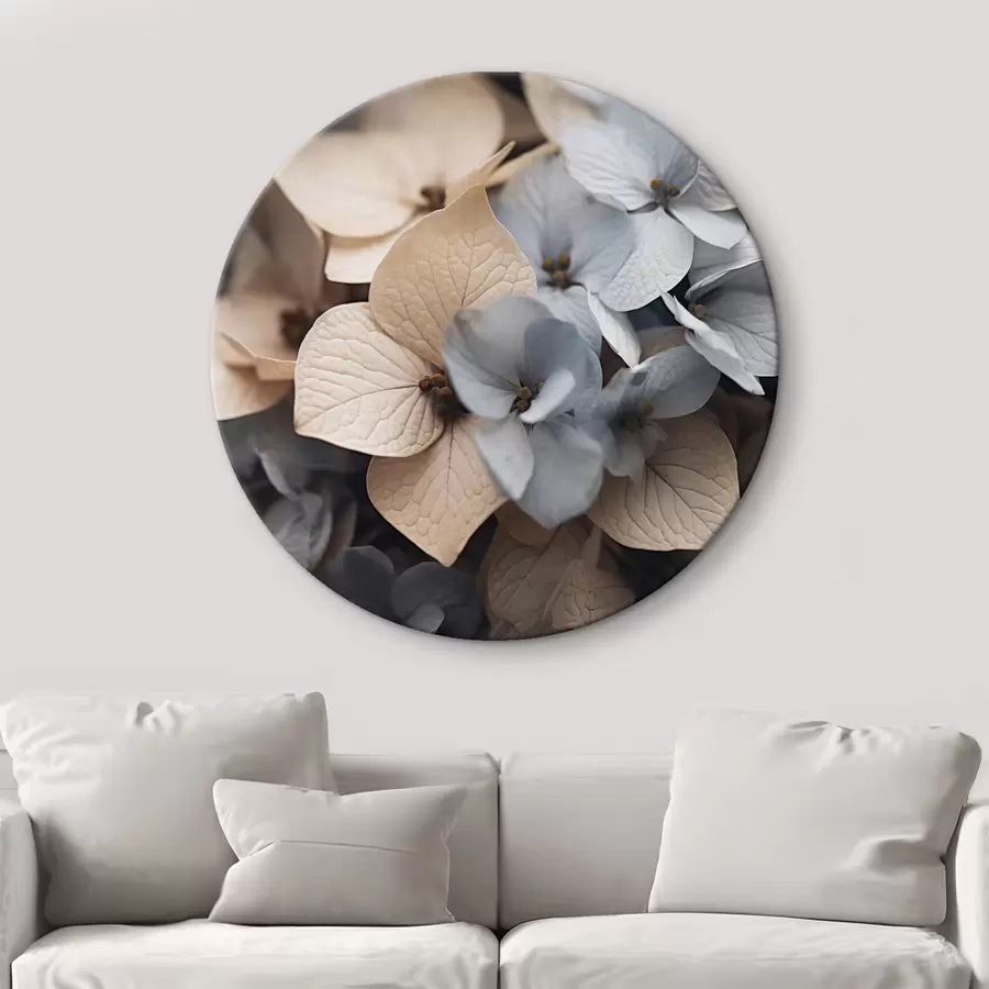 Fototapete Hortensienblüten, hellblaue und beige Blütenblätter, mit detaillierten Texturen, elegantes Blumenarrangement r44394