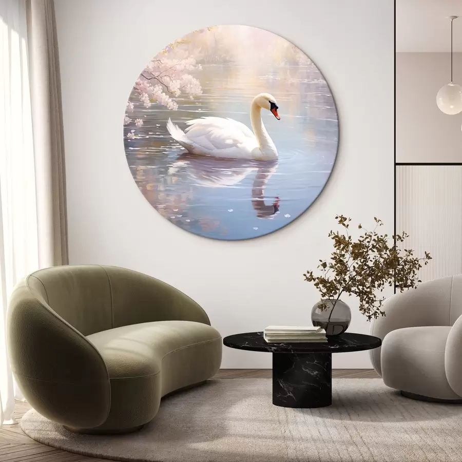 Wandbilder Ein weißer Schwan schwimmt in einem See mit Kirschblütenbäumen, Pastellfarben r44396