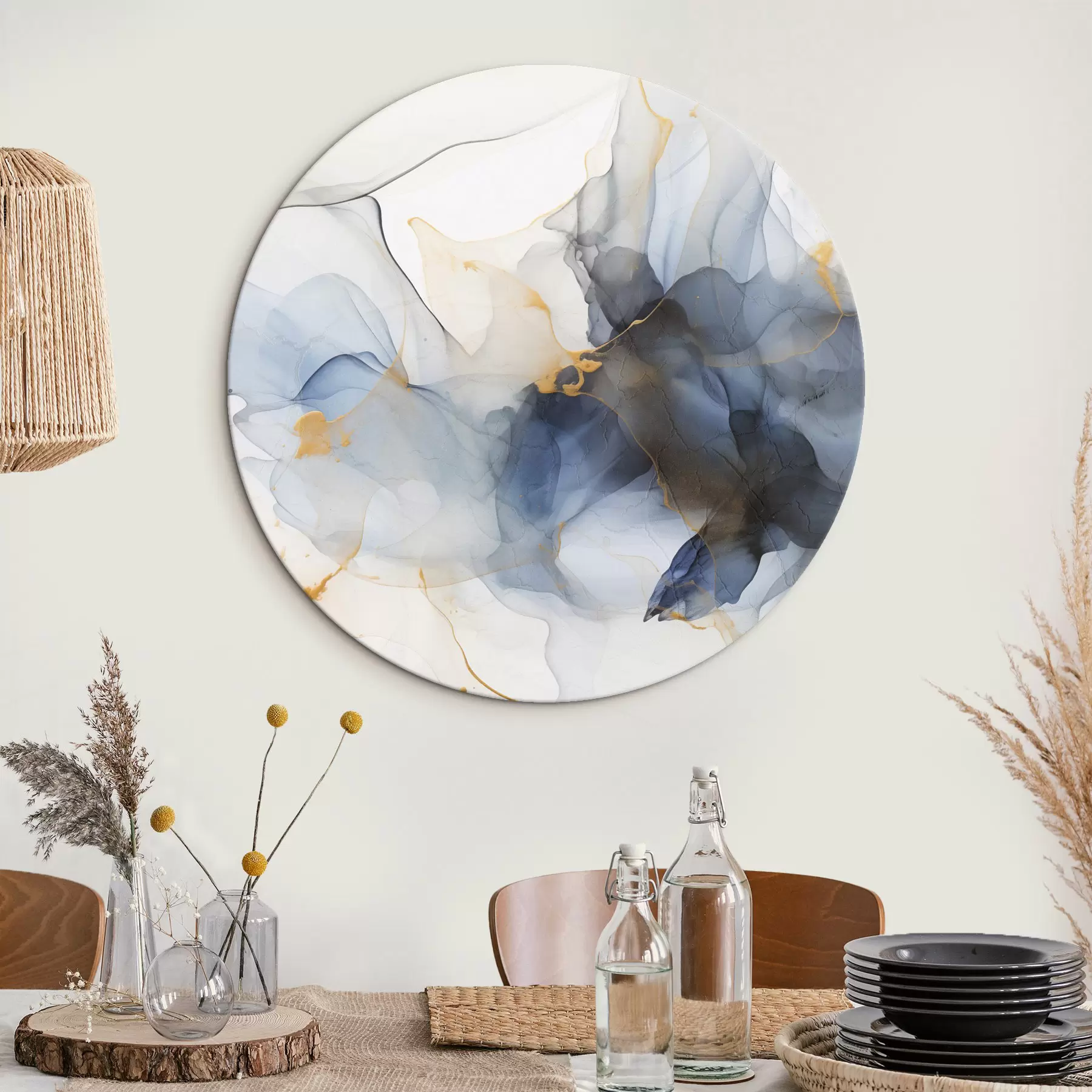 Wandbilder Abstrakte Malerei mit blauer Tinte, fließende und organische Formen, zarte Texturen auf weißem Hintergrund r44397