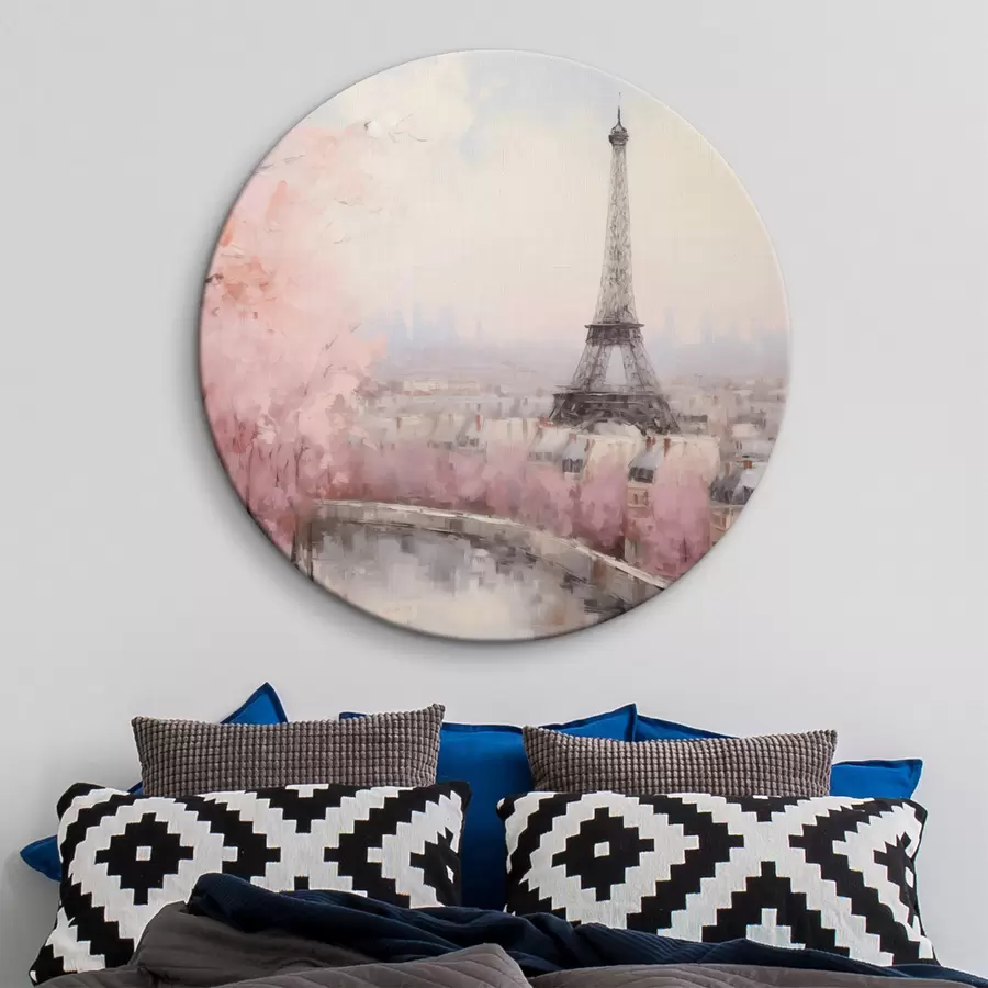 Wandbilder Eiffelturm in Paris mit Kirschblütenbäumen im Frühling, sanfte Pastellfarben r44398