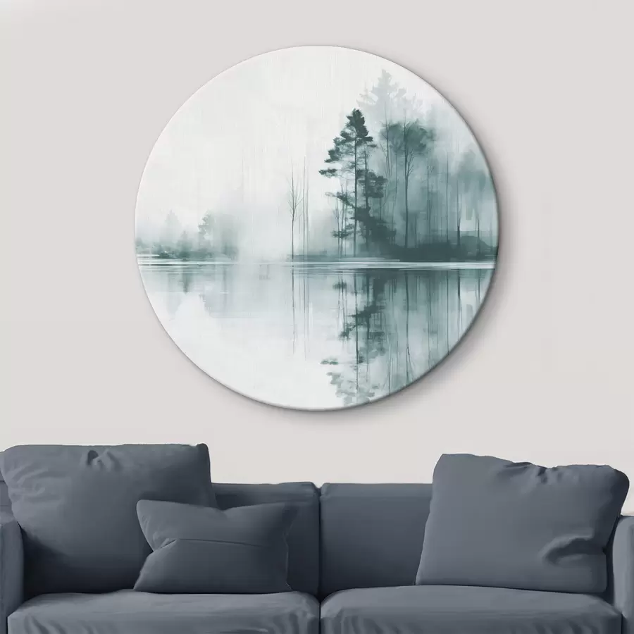 Wandbilder Abstrakter Wald mit hohen Bäumen, die sich im Wasser spiegeln, gedeckte Farbpalette r44403