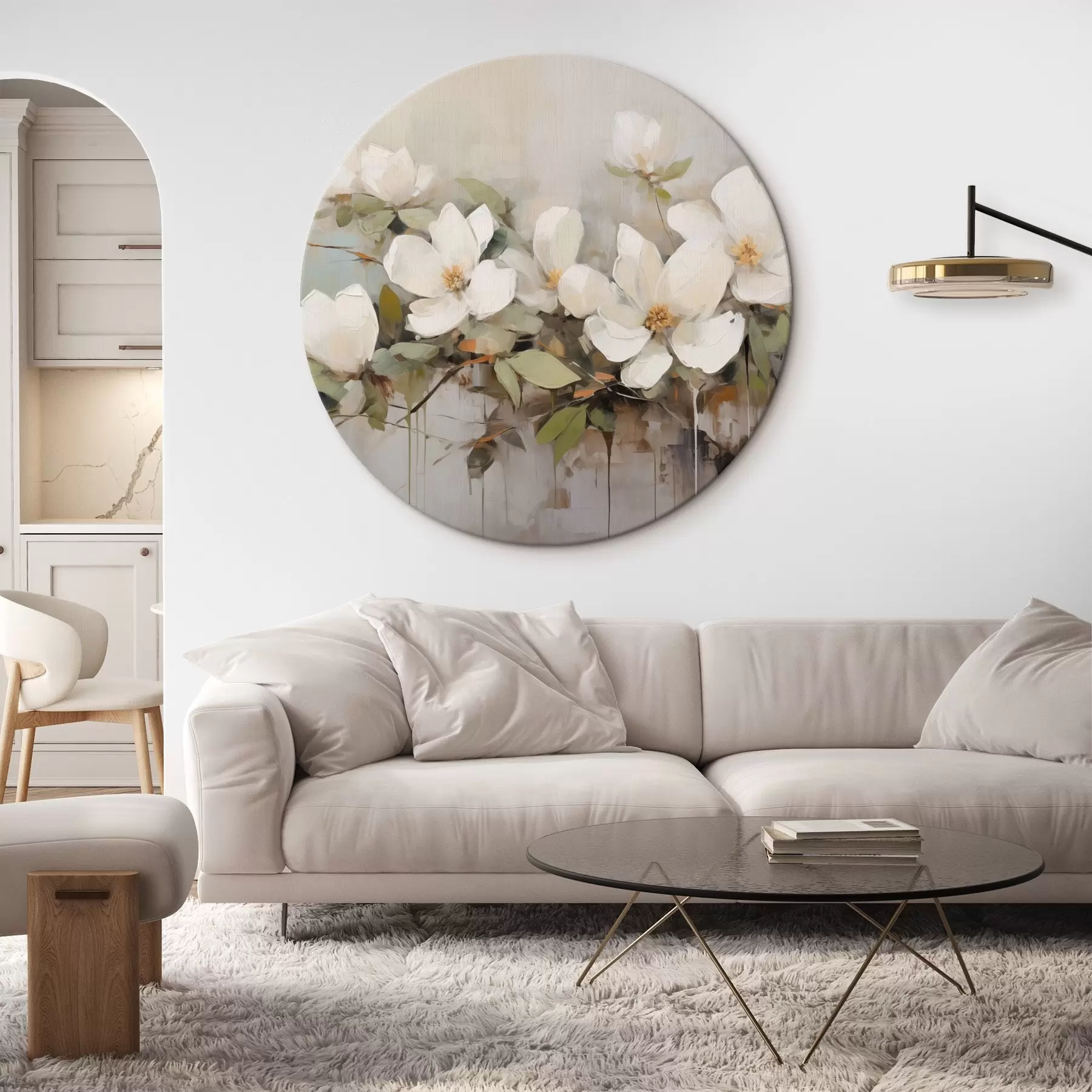 Wandbilder Weiße Magnolienblüten mit grünen Blättern auf einem Zweig, weiche Pinselstriche, gedeckte Farben r44404