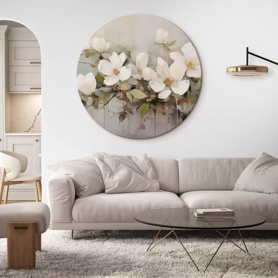 Wandbilder Weiße Magnolienblüten mit grünen Blättern auf einem Zweig, weiche Pinselstriche, gedeckte Farben r44404