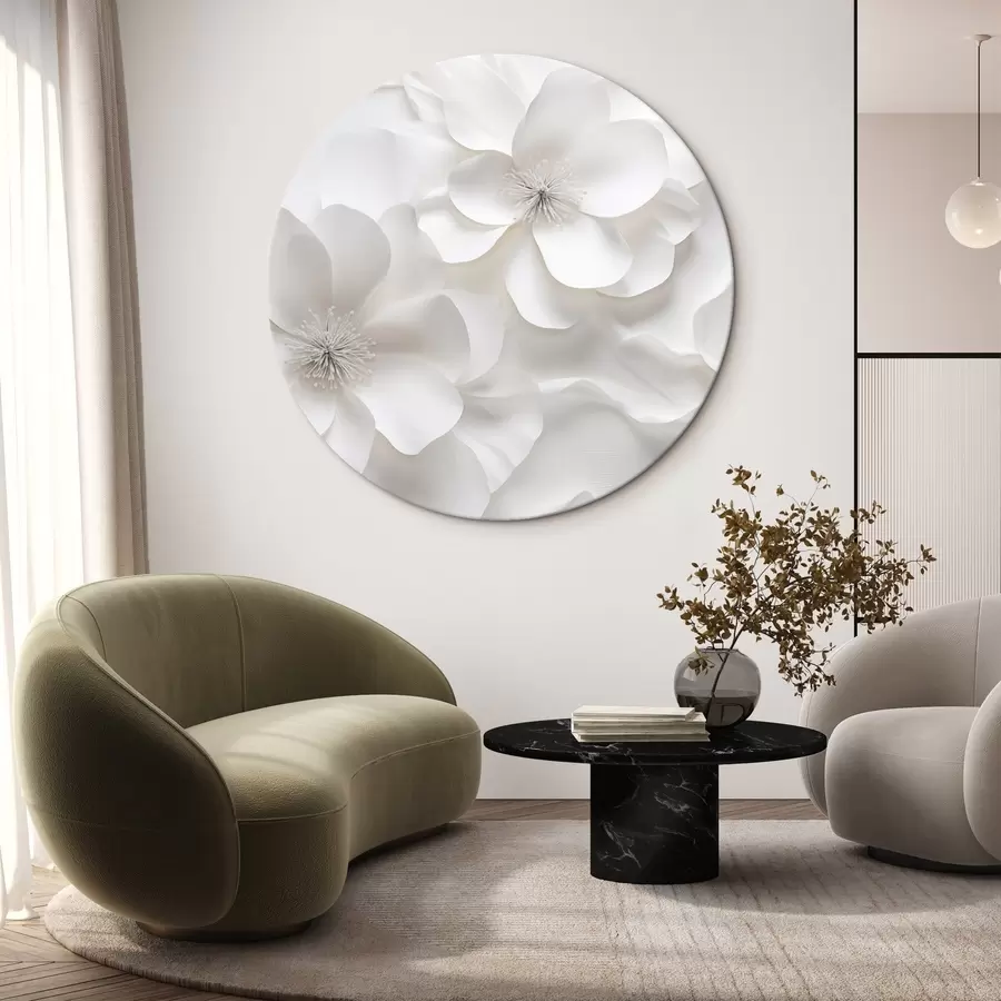 Wandbilder Weiße Zierblumen mit zarten Blütenblättern und verschlungenen Staubgefäßen r44406