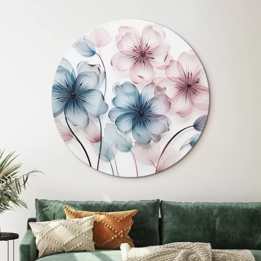 Wandbilder Transluzente, gedämpfte rosa und blaue Blüten mit sichtbaren Staubgefäßen und Stielen r44405