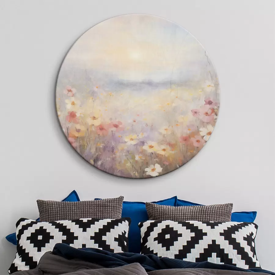 Wandbilder Strukturierte sonnige Landschaft eines Blumenfeldes, weiche Pastellfarben, verträumte Atmosphäre r44408