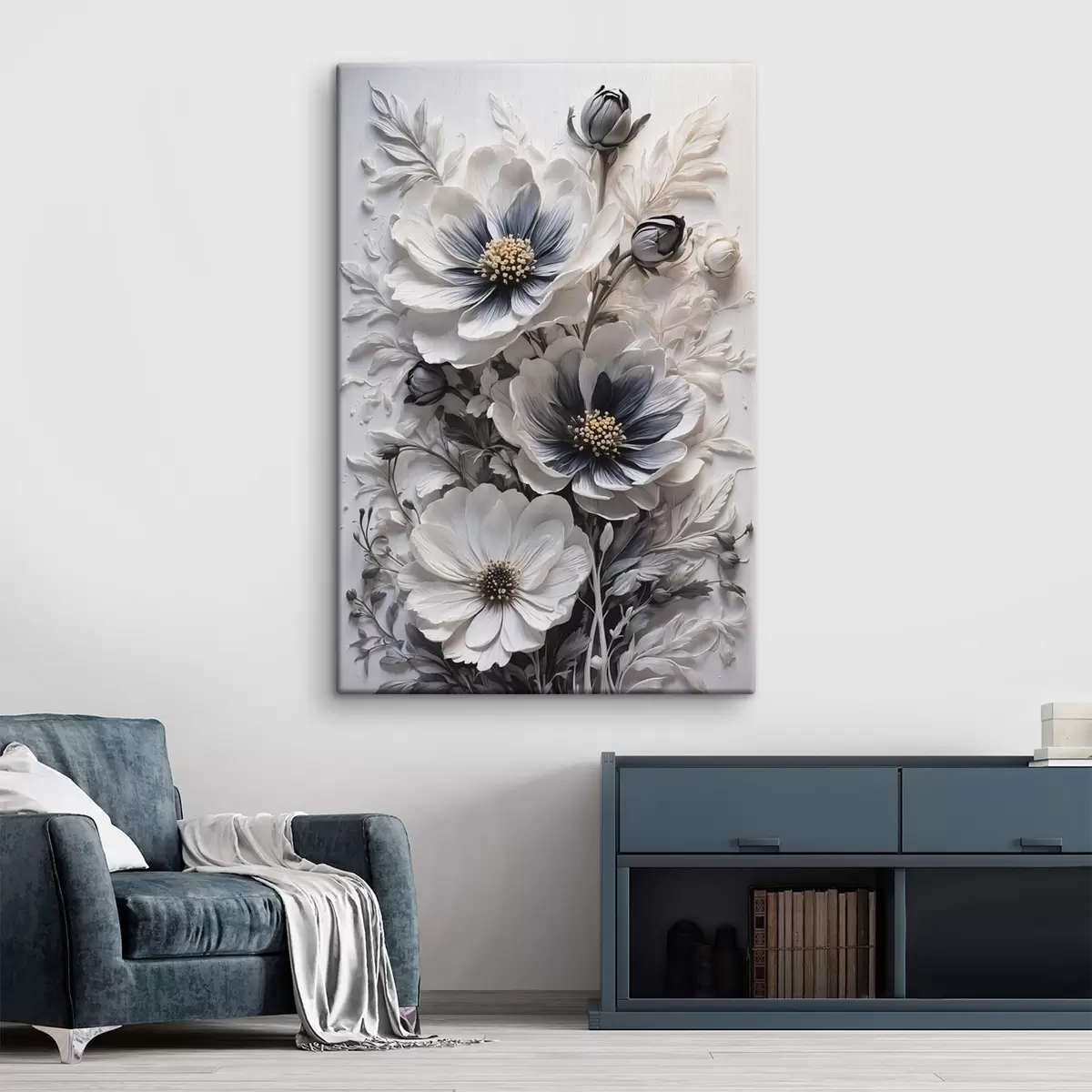 Wandbilder Schwarze und weiße Blumen auf weißem Hintergrund s44446