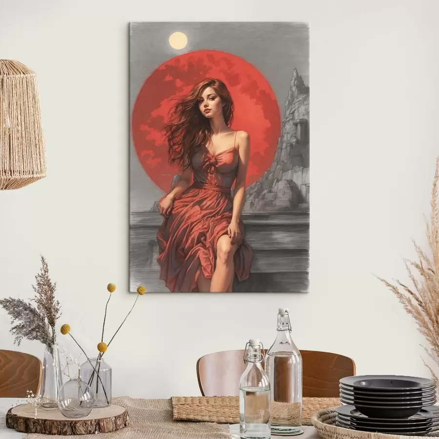 Wandbilder Mädchen auf rotem Mond Hintergrund s44448