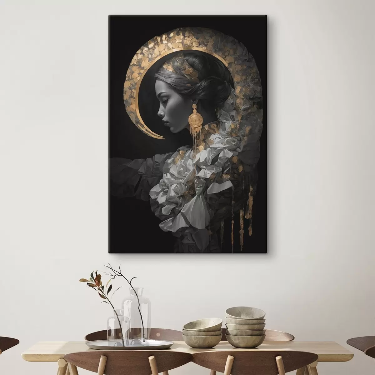 Wandbilder Mädchen und gelbe Mondsichel auf schwarzem Hintergrund s44449