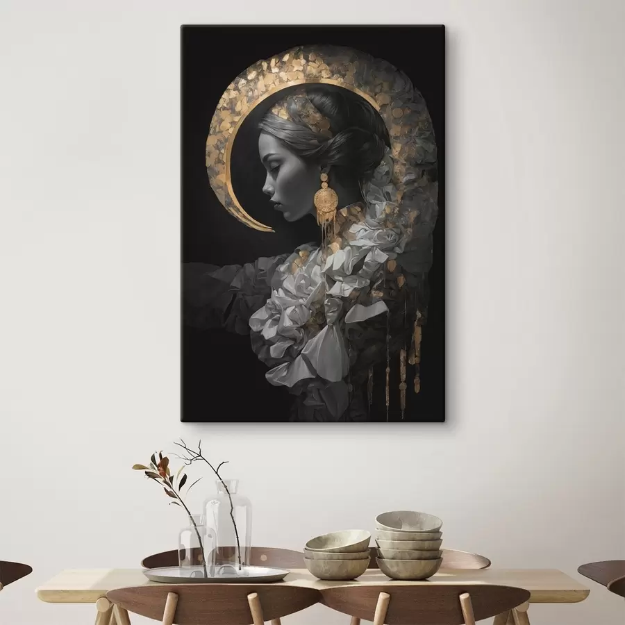 Wandbilder Mädchen und gelbe Mondsichel auf schwarzem Hintergrund s44449