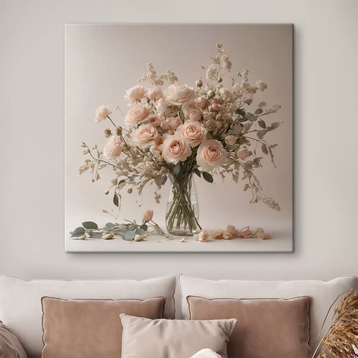 Wandbilder Weiße Rosen in transparenter Vase s44451