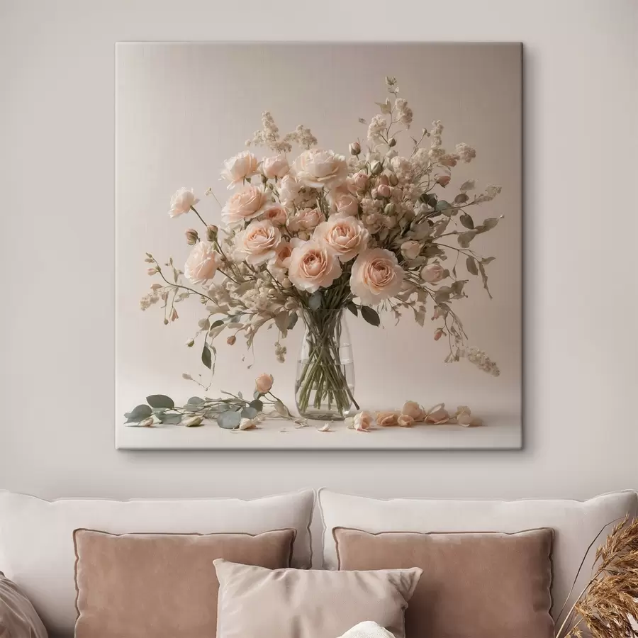 Wandbilder Weiße Rosen in transparenter Vase s44451