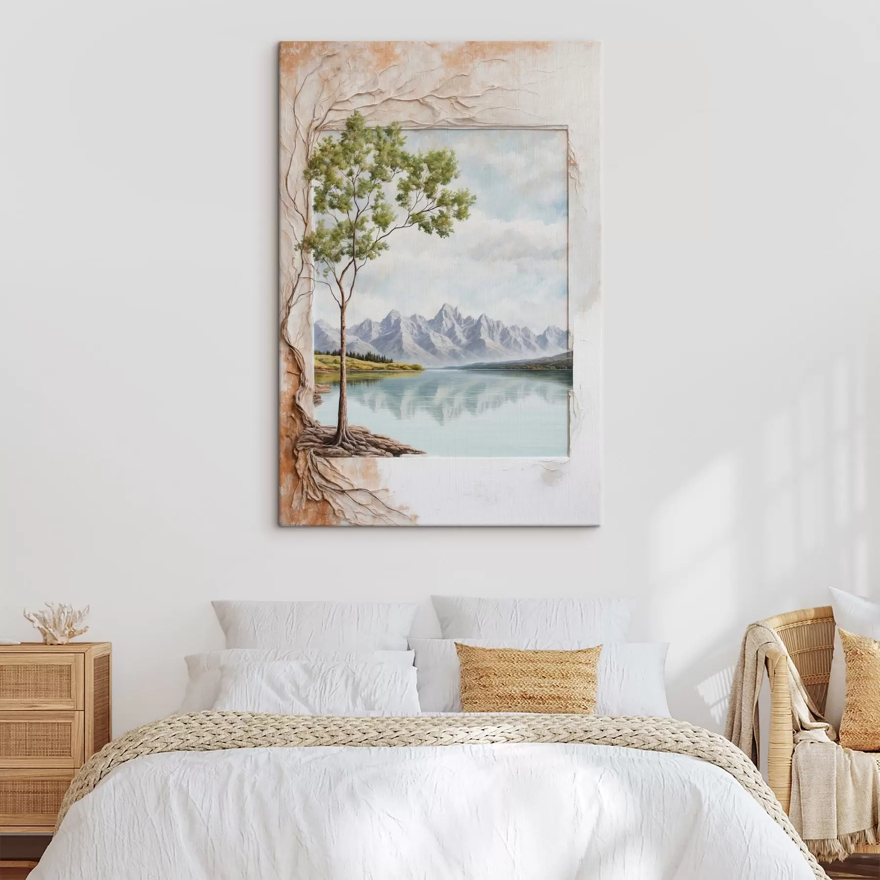 Fototapete Blick auf den See und verschneite Berge im Rahmen s44458