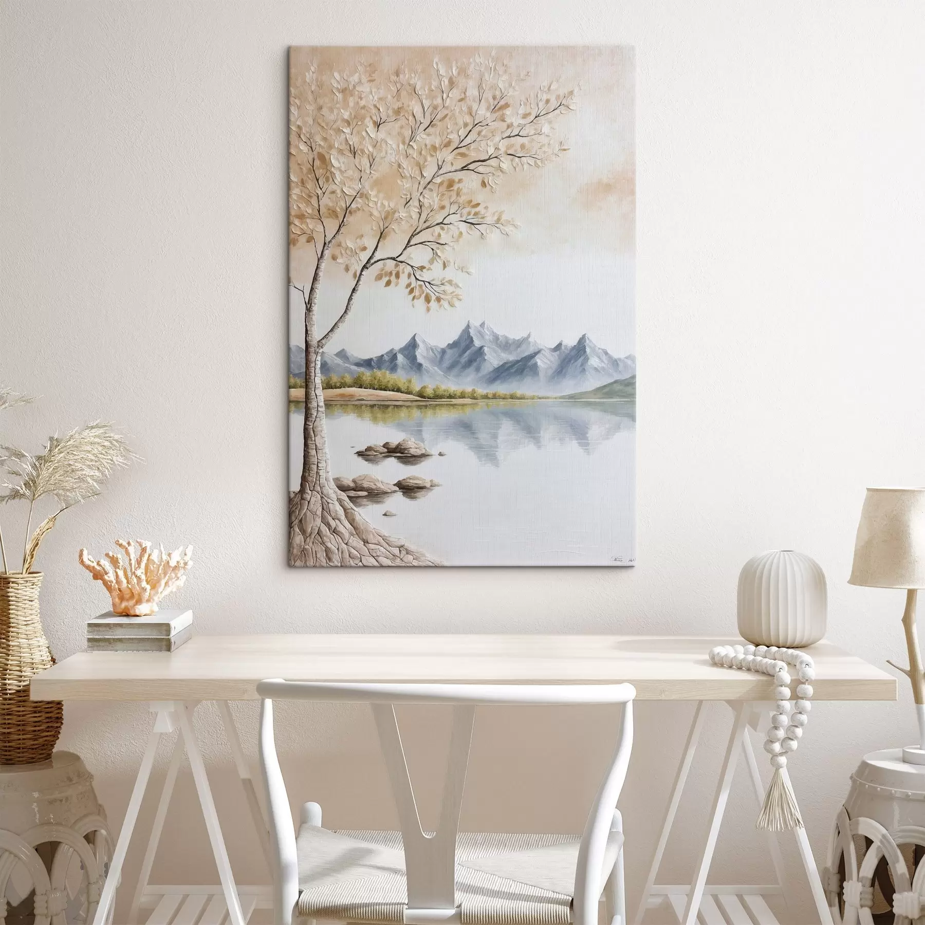 Fototapete Baum auf See und verschneite Berge im Hintergrund s44459