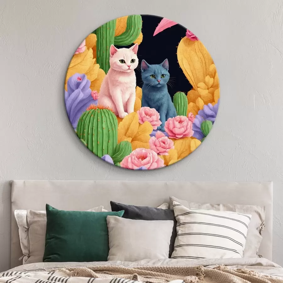 Wandbilder Künstliche Katzen zwischen Blumen und Kakteen r44452